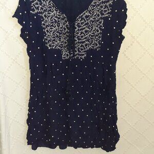 MIMI & DAPHNE DRESS POLKA DOT NAVY BLUE TASSEL EMBROIDERED BOHO-WOMENS SIZE XL